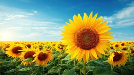 Obraz premium Sunflowers in a field under a bright sky.