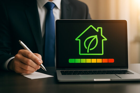 Corporate analysis of smart eco friendly house energy performance using digital laptop display with green technology concept for sustainable environment and property management efficiency