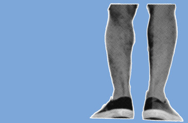 Close up rear view of feet wearing canvas shoes pixelate color halftone dotted texture style collage element isolated on blue background