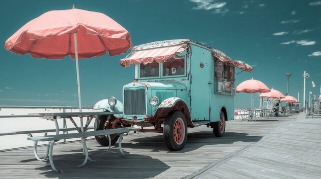 Vintage ice cream truck on a boardwalk, shaded by a vibrant umbrella.