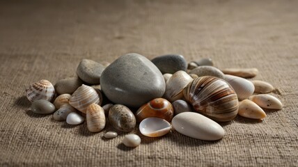 A collection of seashells and stones on burlap.