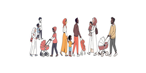 Obraz premium Print Different nationalities families. Various ethnicities people, arabian and chinese, asians, european and indian, parents with kids standing, parenthood concept cartoon flat tidy vector set 