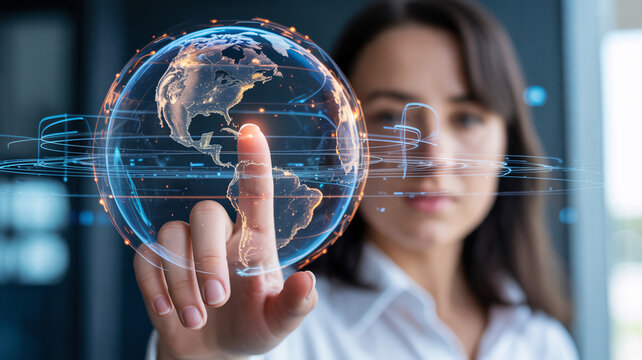 Woman's finger touching a digital Earth with glowing network lines image photo