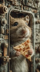 Curious rodent holds snack in a futuristic setting with intricate machinery