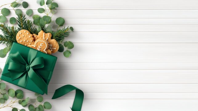 A green gift box with a ribbon, filled with decorated gingerbread cookies, surrounded by eucalyptus leaves and pine sprigs on a white wooden background. - Powered by Adobe