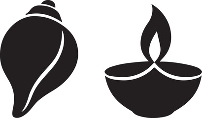 Indian shankh and diya symbols isolated on white background