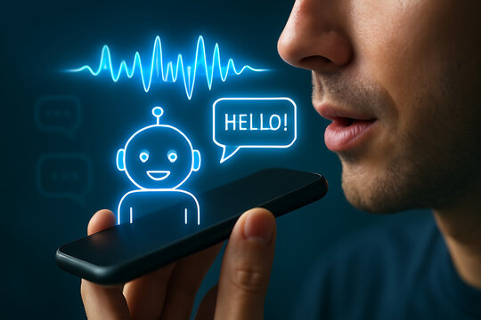 Close up of person speaking to artificial intelligence chatbot on mobile phone using futuristic voice command assistant for smart digital interaction and communication support