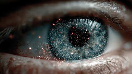 User logging in via retina scan with biometric highlights glowing around eye, secure platform confirming identity with shimmering lock animation