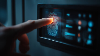 Finger scan reader with finger is scaning on it. Electronic control machine with finger scan to access the door of control room or data center
