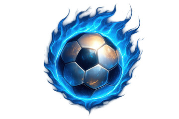 Fototapeta premium Soccer ball engulfed in vivid blue flames, burning against transparent backdrop, perfect for dynamic sports graphic design
