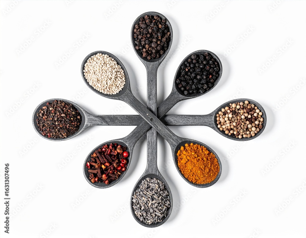 Poster assorted colorful spices on spoons arranged on white background detailed close up