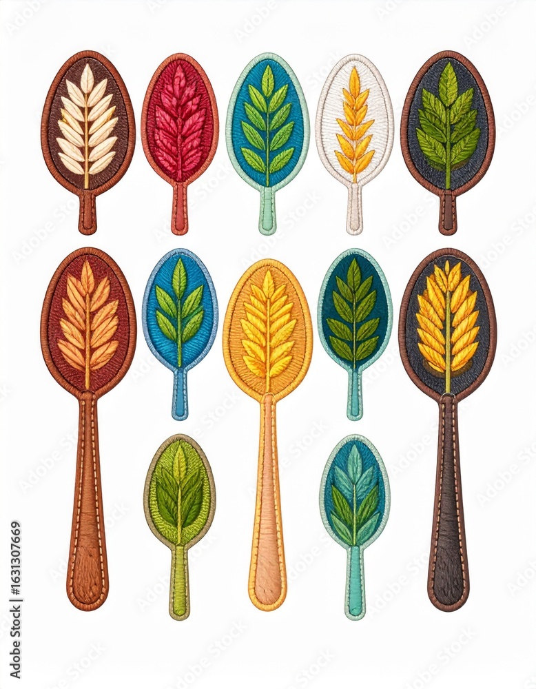 Aufkleber assorted spoons with ornate carved leaves pattern on white background for decorative display
