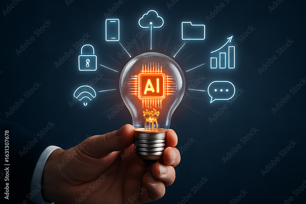 Poster hand holding lightbulb with glowing ai processor symbol and futuristic technology innovation network