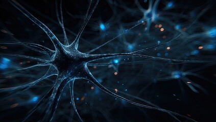 Close-up view of intricate neuron network.  Dark background with glowing blue and orange details