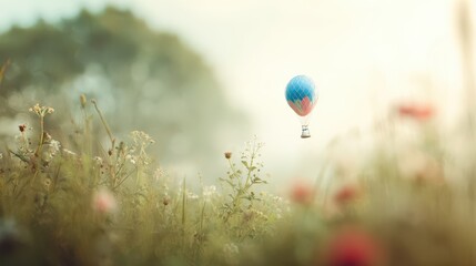 Fototapeta premium A miniature hot air balloon floats above a field of wildflowers.