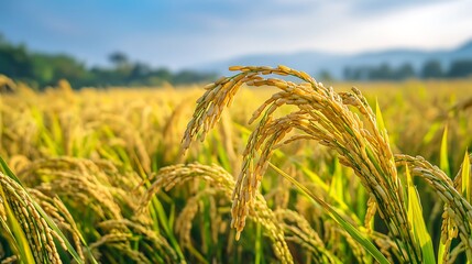 Expansive Golden Rice Field Under a Blue Sky paddy