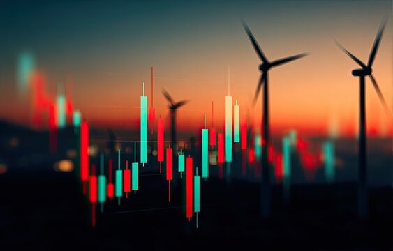 Stock market data overlaid on a sunset wind farm scene - Powered by Adobe