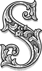 Fototapeta premium Ornate Black And White Capital Letter S Floral Design