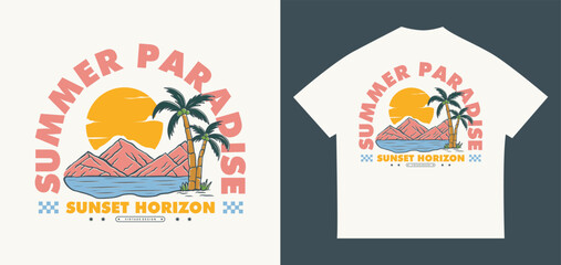 Retro summer paradise sunset illustration featuring a tropical horizon landscape. Perfect for apparel, t-shirt prints, urban designs, posters, and more