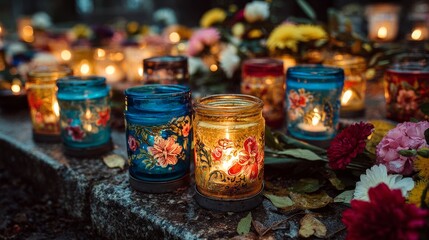 Vibrant marigolds and colorful candles adorn a grave during remembrance rituals