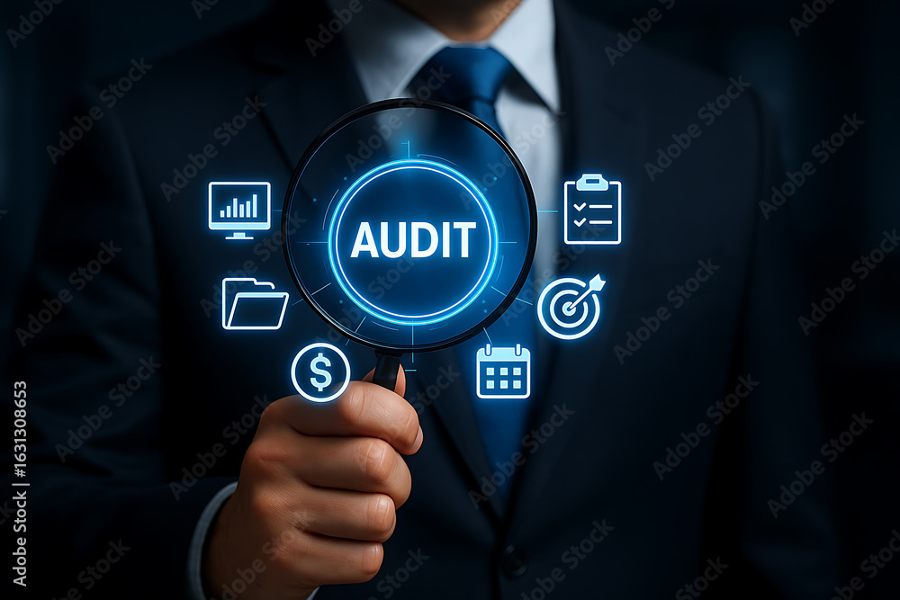 Aufkleber businessman holding magnifying glass focusing on audit process surrounded by financial performance d