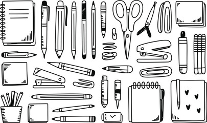 Variety of hand-drawn stationery and writing tools