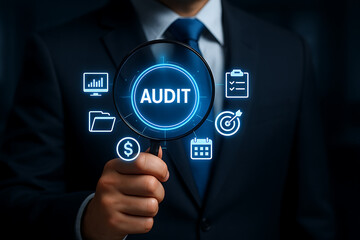 Businessman holding magnifying glass focusing on audit process surrounded by financial performance data analytics icons for compliance inspection documentation calendar checklist and reports