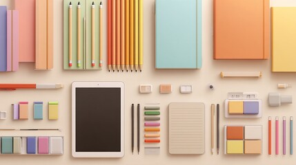 Flat lay of pastel school and office supplies on light tan background