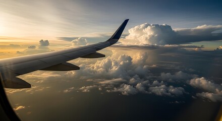 Obraz premium Airplane wing above dramatic clouds at sunset, travel adventure