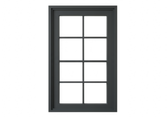 Dark grey window frame with multiple glass panes, isolated on transparent background
