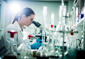 woman scientist examining samples through microscope in modern laboratory