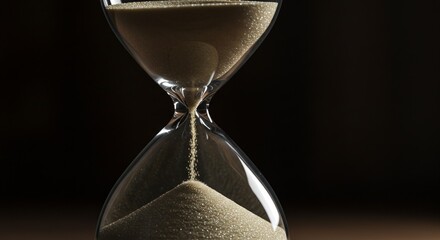 Close-up view of an hourglass with sand flowing downwards, representing time passing.