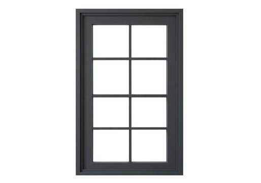 Dark grey window frame with multiple glass panes, isolated on transparent background