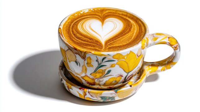 Latte art heart floats atop coffee in a floral ceramic cup and saucer casting a shadow on a white background - Powered by Adobe