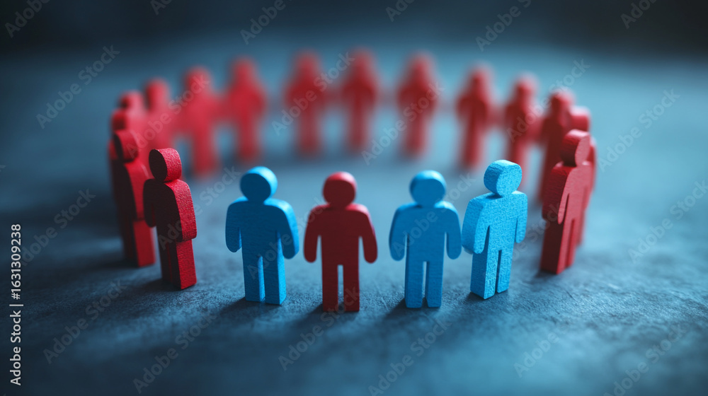 Poster wooden figures in a circle symbolizing teamwork unity and collaboration