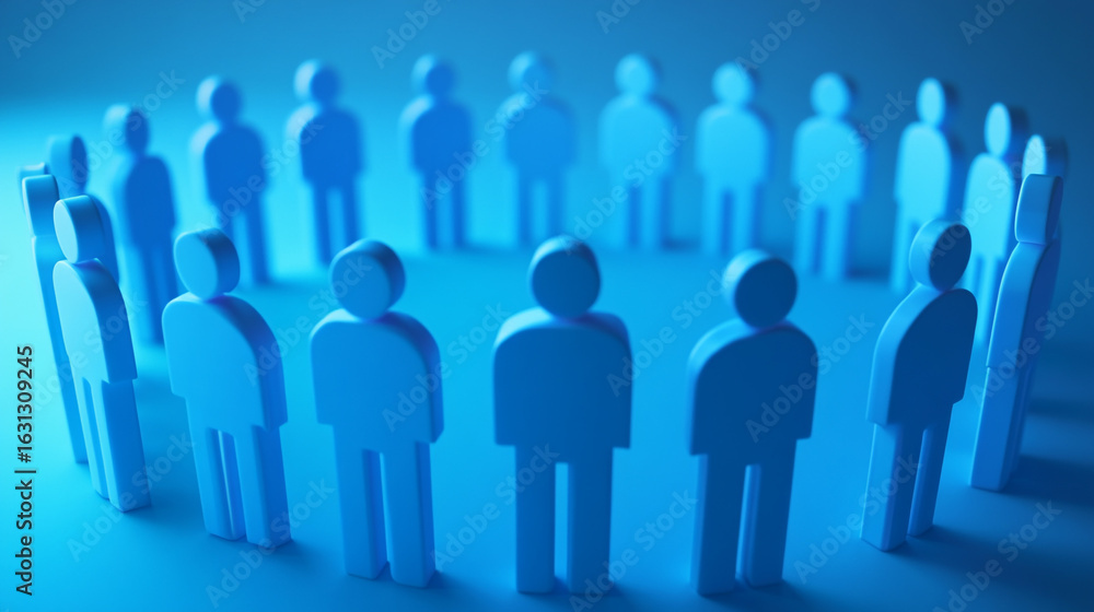 Poster blue figures stand together forming a circle a symbol of unity collaboration and teamwork