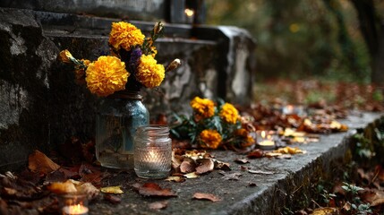 Vibrant marigolds and colorful candles adorn a grave during remembrance rituals