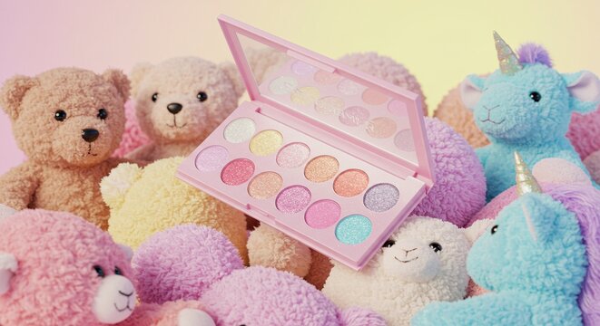 Pastel Fantasy: Glittery Eyeshadow Palette Amidst Cuddly Teddy Bears and Unicorns - Powered by Adobe