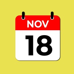 November 18 calendar icon flat design illustration. Calendar template, red and white