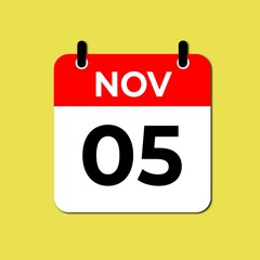 November 5 calendar icon flat design illustration. Calendar template, red and white