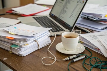A messy desk with a laptop, a cup of coffee, and a stack of papers