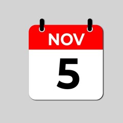 November 5 calendar icon flat design illustration. Calendar template, red and white
