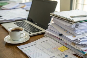A messy desk with a laptop, a cup of coffee, and a stack of papers