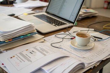 A messy desk with a laptop, a cup of coffee, and a stack of papers