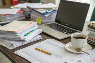 A messy desk with a laptop, a cup of coffee, and a stack of papers