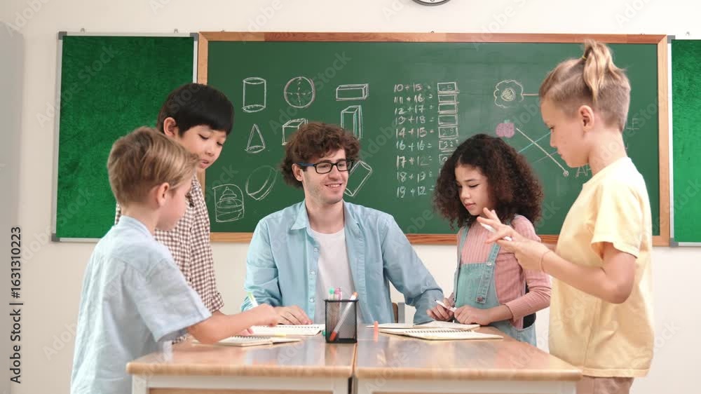 Poster caucasian teacher giving high five to encourage children to working together. group of diverse stude