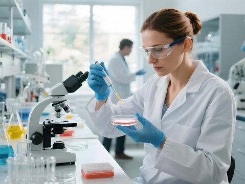 female laboratory researcher working with microscope and culture samples


