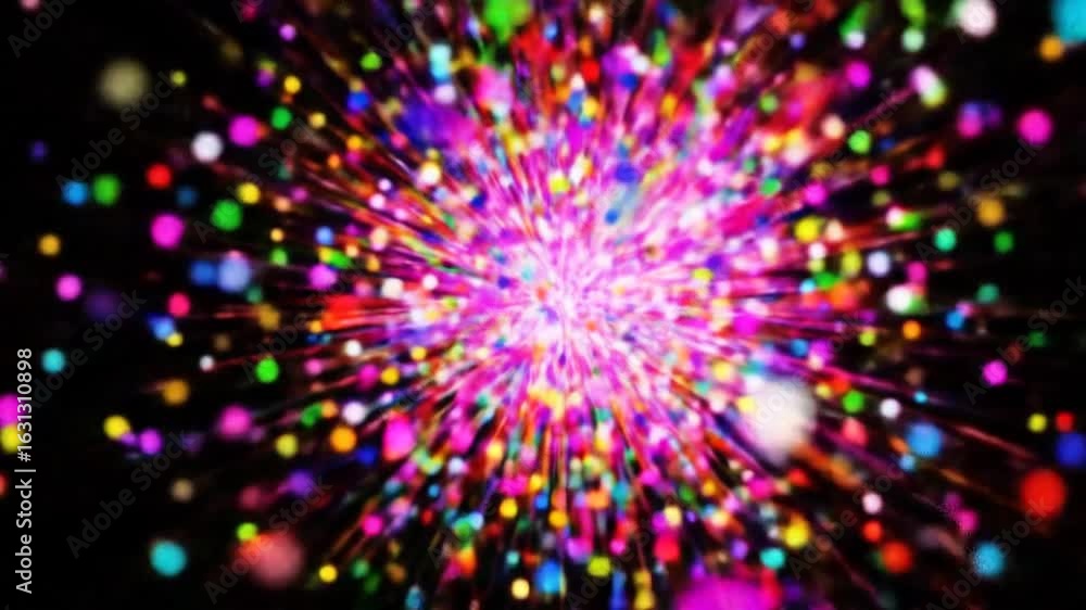 Poster abstract multicolored particles bursting on black background animation