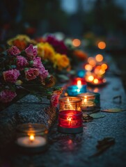 Vibrant marigolds and colorful candles adorn a grave during remembrance rituals