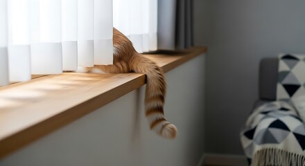 Orange tabby tail hanging down from a window sill behind a white curtain indoors home decor 100 for international cat day